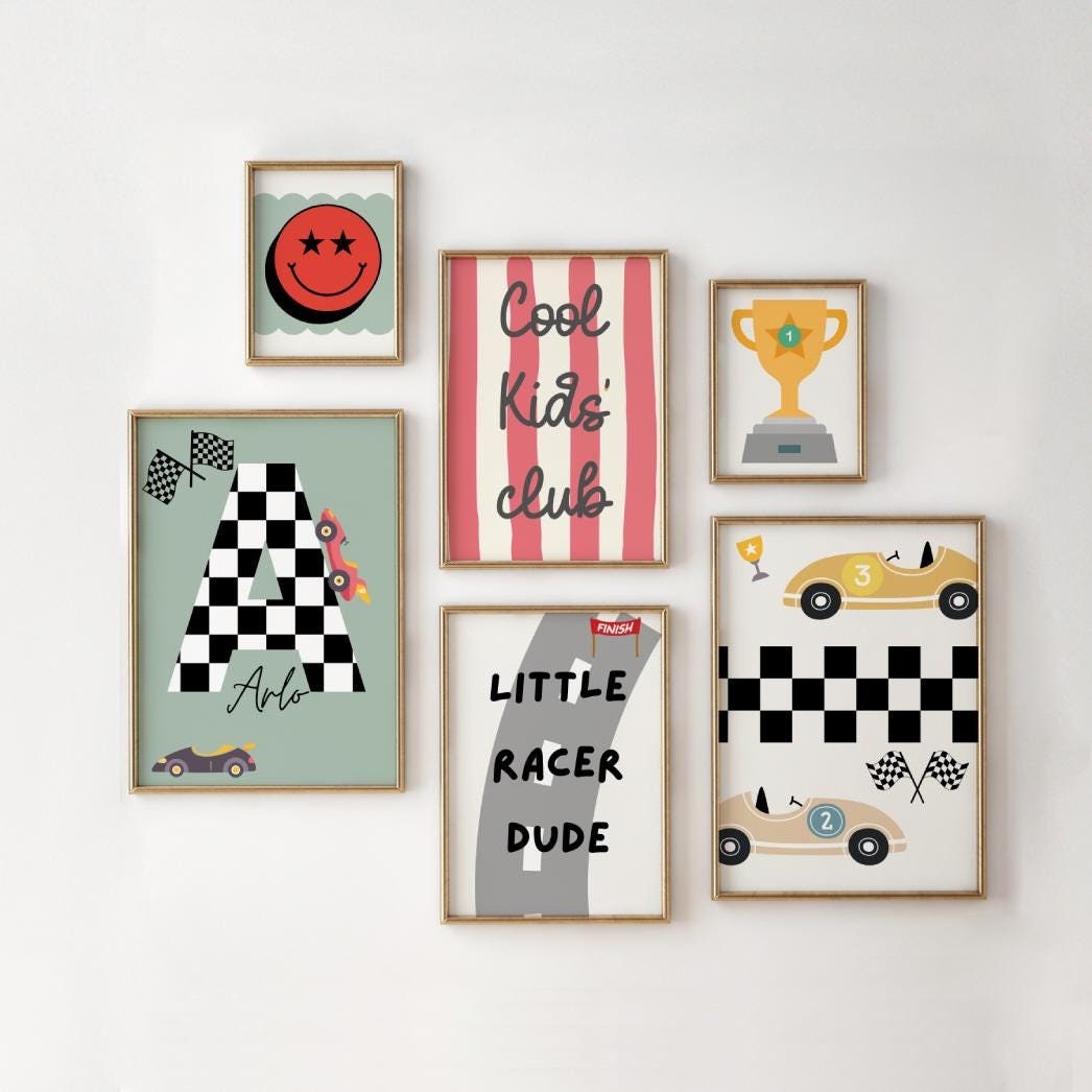 Set of gallery wall prints for a playroom nursery or bedroom, personalised car racer and cool kids quote posters ( prints only )