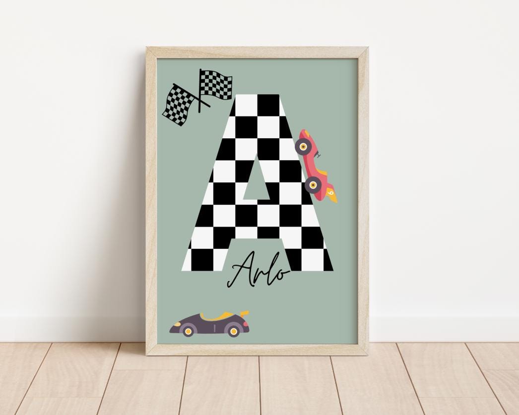 Set of gallery wall prints for a playroom nursery or bedroom, personalised car racer and cool kids quote posters ( prints only )