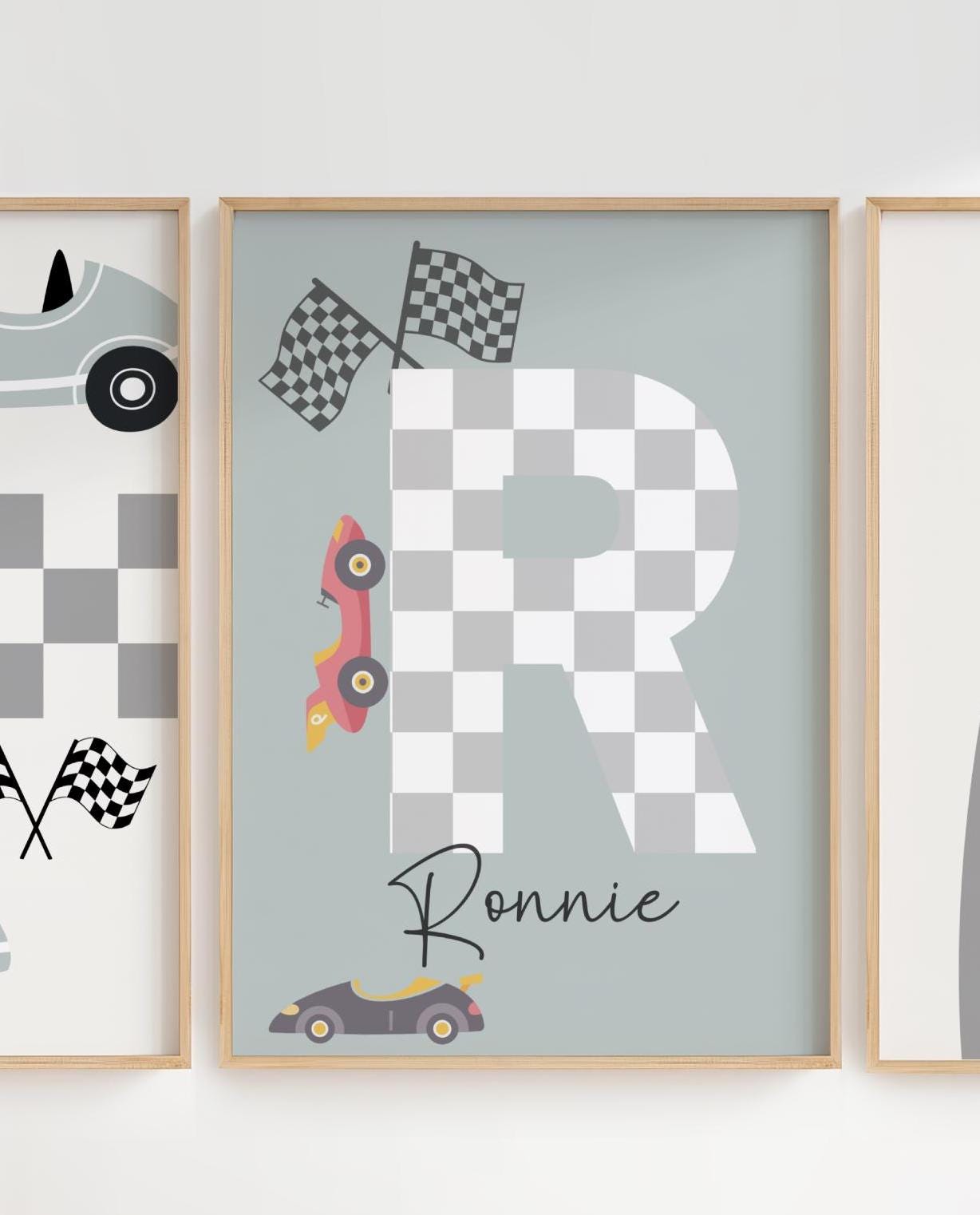boys personalised racing car print wall art for a nursery, bedroom or playroom