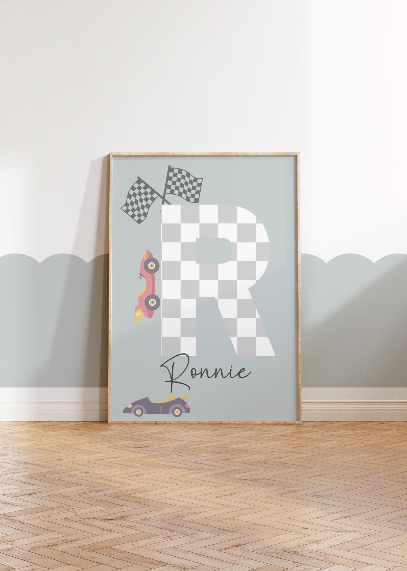 boys personalised racing car print wall art for a nursery, bedroom or playroom