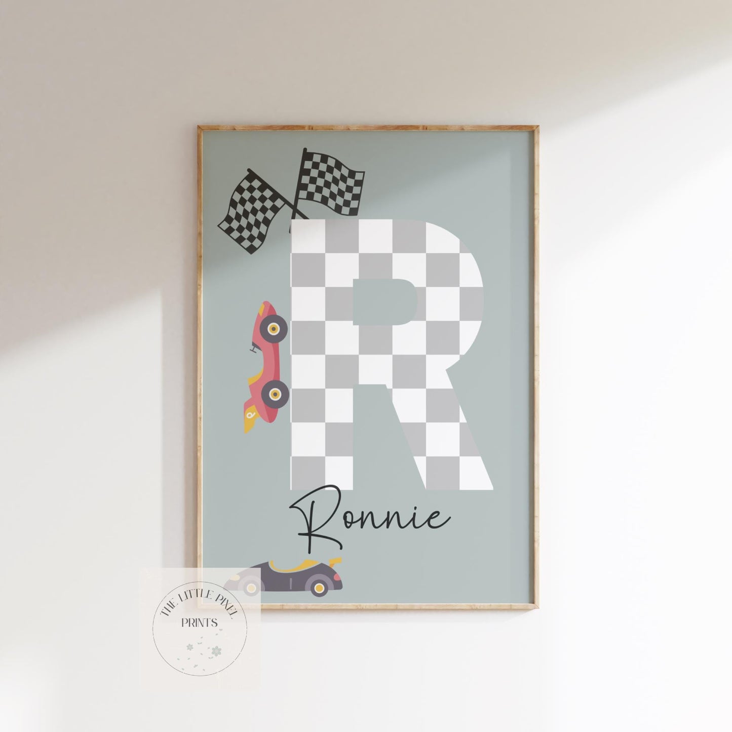 boys personalised racing car print wall art for a nursery, bedroom or playroom