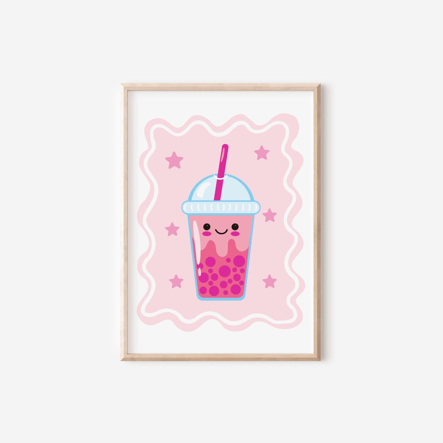 cute bubble tea wall print, pink retro happy boho tea wall art for girls bedroom or playroo,