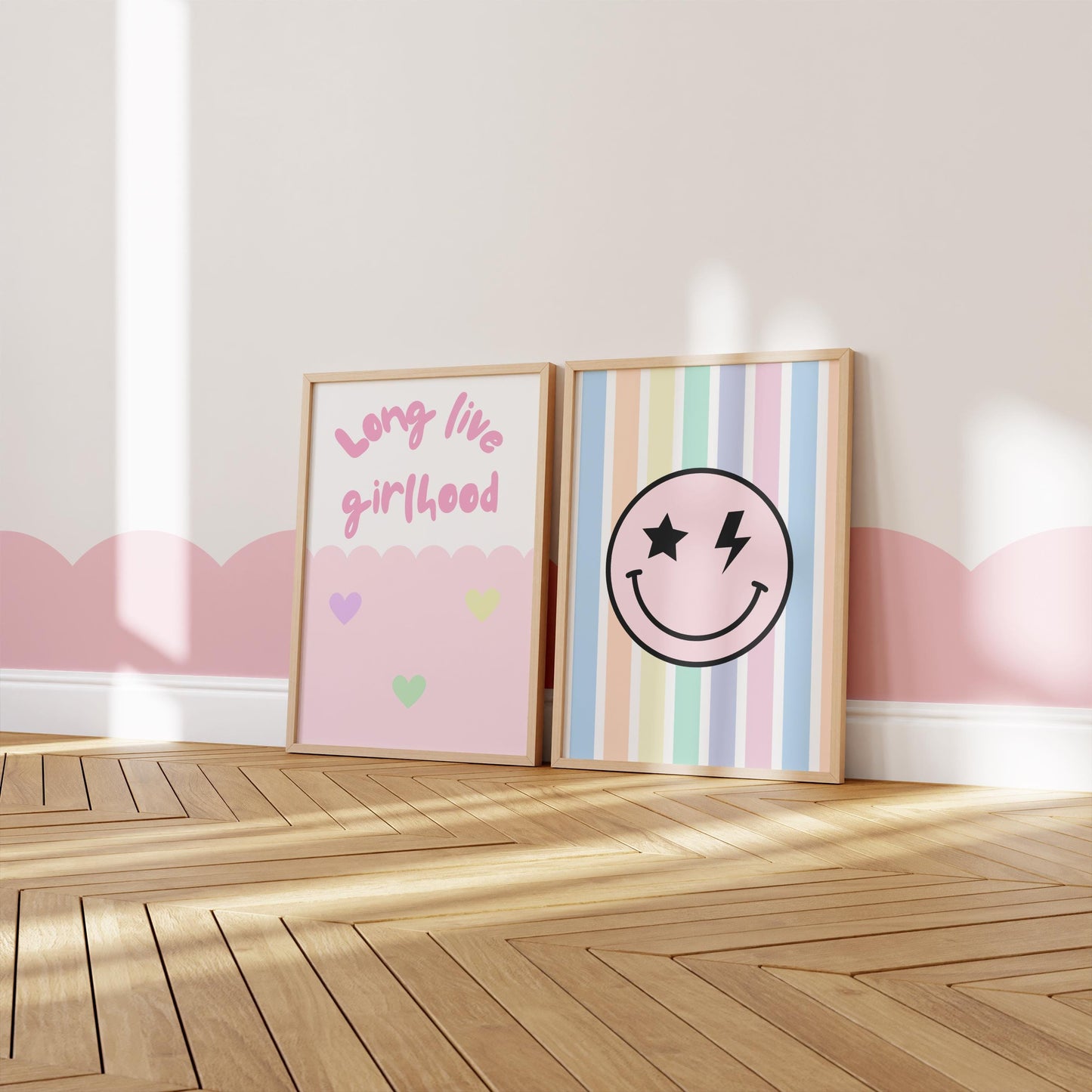 Girls Bedroom Wall Art Set, Retro Happy Face Prints in Pastel Colours, Nursery Decor
