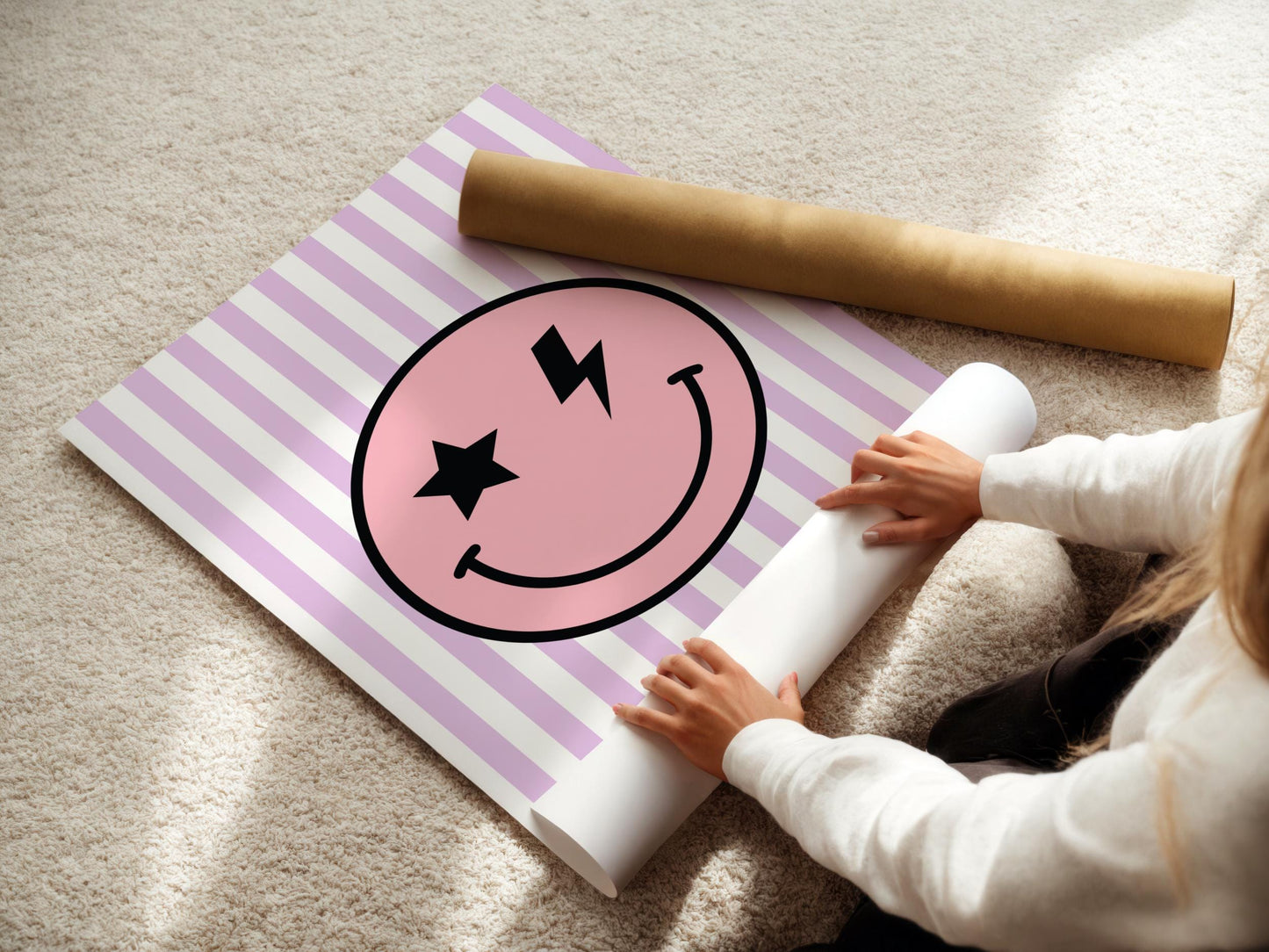 Girls Bedroom Wall Art Set, Retro Happy Face Prints in Pastel Colours, Nursery Decor