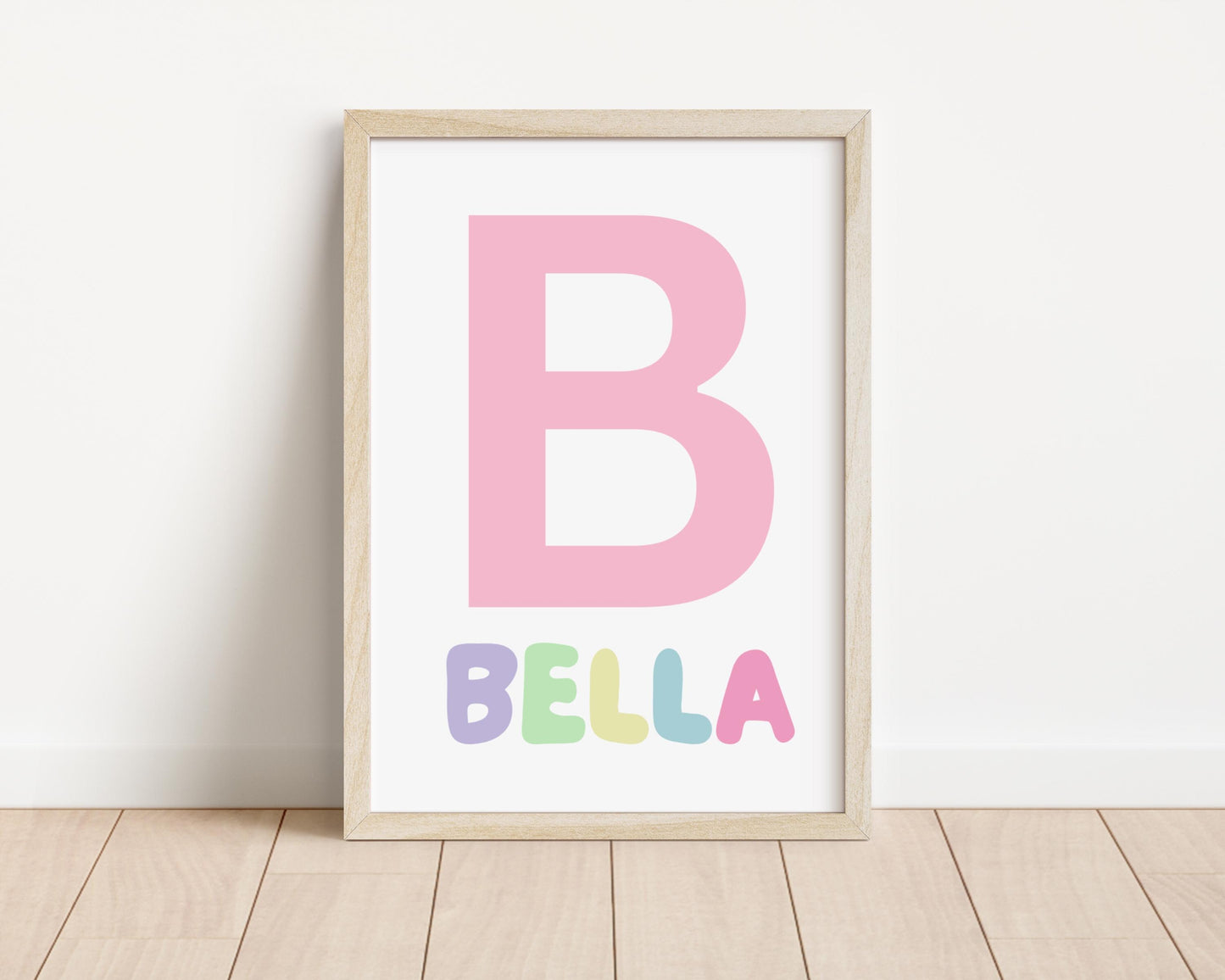 girls personalised initial and name rainbow wall print set for bedroom or playroom