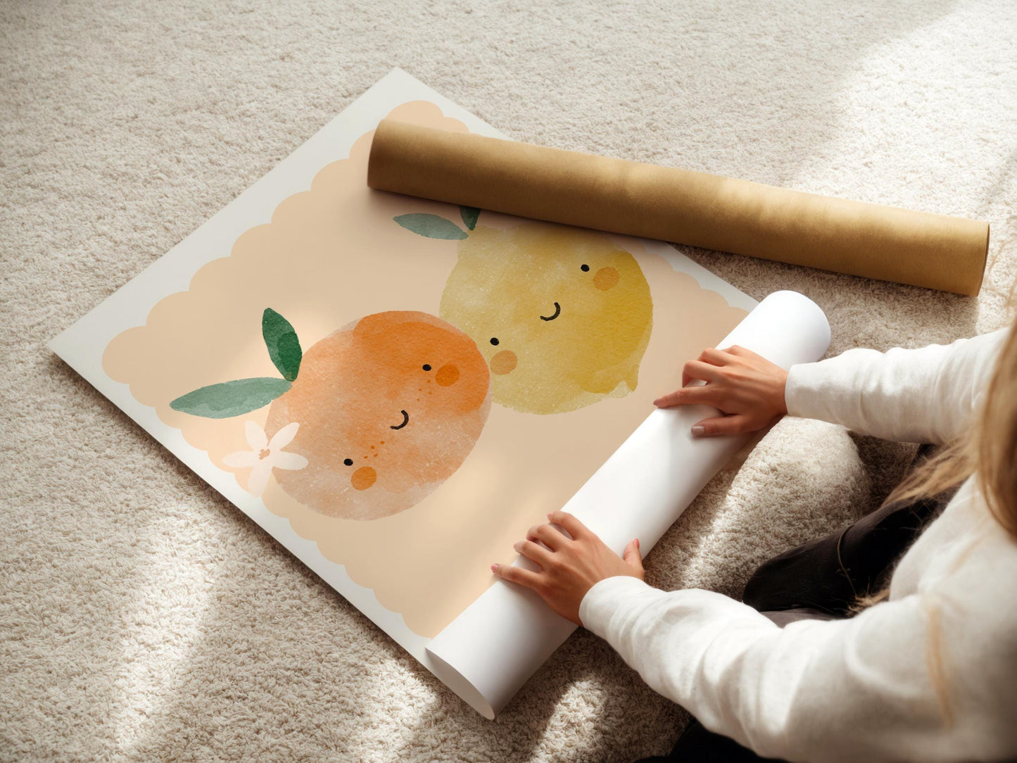 cute happy fruit print with a peach scallop background for a girls bedroom, nursery or bedroom