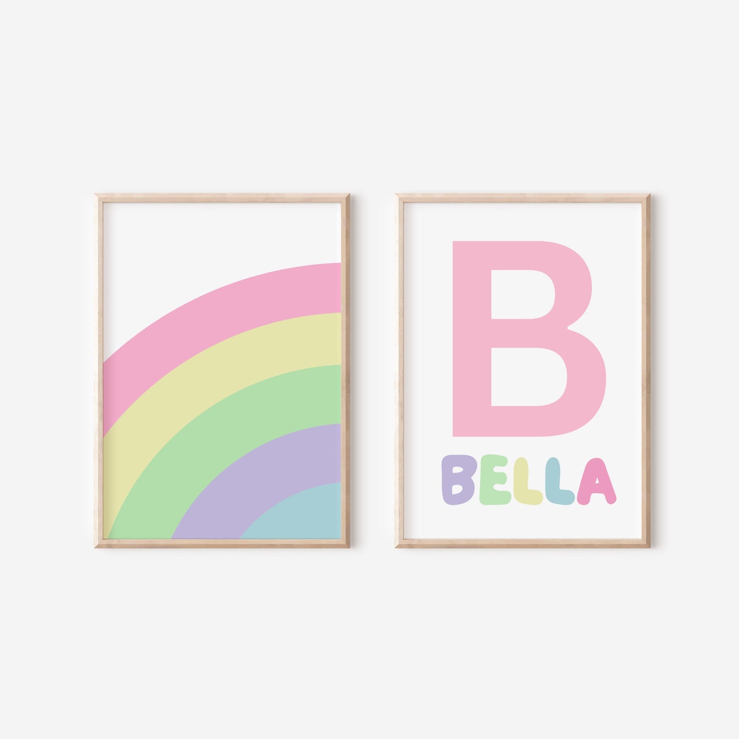 girls personalised initial and name rainbow wall print set for bedroom or playroom