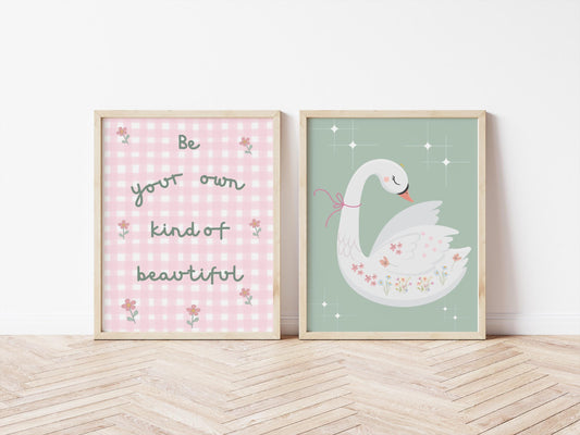 be your own kind of beautiful floral swan print set for girls bedroom or nursery, pretty wall decor