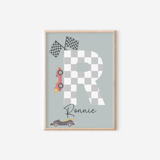 boys personalised racing car print wall art for a nursery, bedroom or playroom