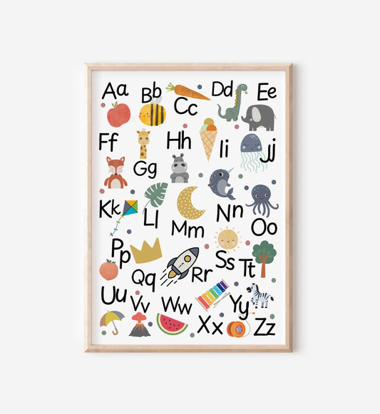 childrens alphabet nursery wall print for bedroom or playroom, ABC Childrens wall poster, boho scandi wall art