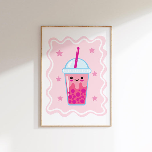 cute bubble tea wall print, pink retro happy boho tea wall art for girls bedroom or playroo,