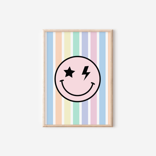 girls happy face retro pastel bright striped wall print for bedroom or nursery