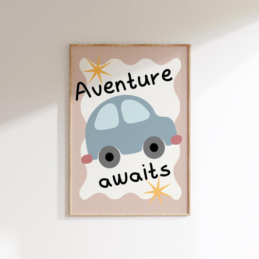 adventure awaits childrens boho wall print foe bedroom, nursery or playroom, scandi car art decor boys room
