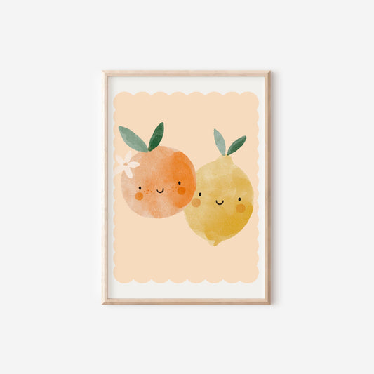 cute happy fruit print with a peach scallop background for a girls bedroom, nursery or bedroom