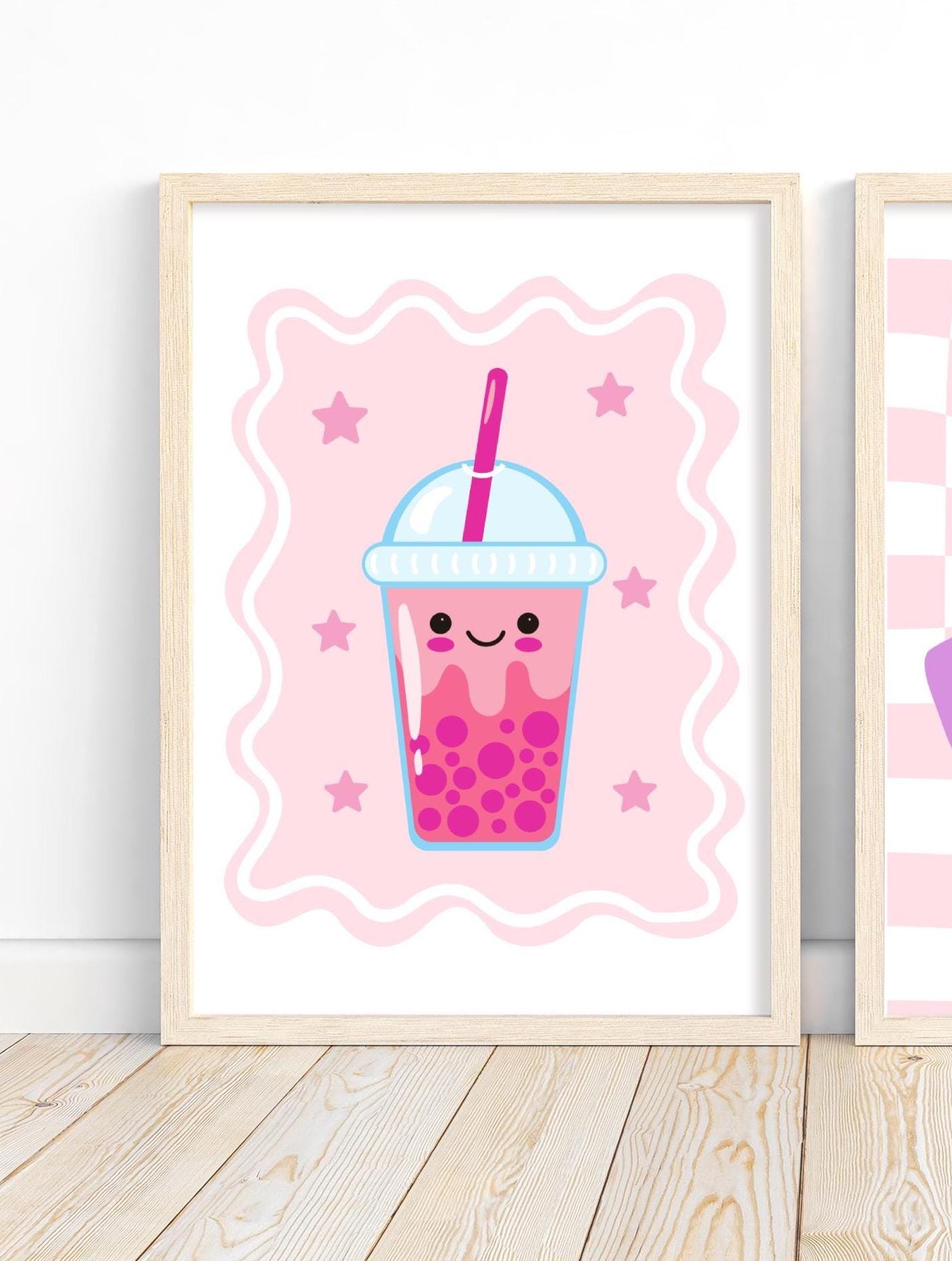 cute bubble tea wall print, pink retro happy boho tea wall art for girls bedroom or playroo,