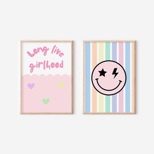 Girls Bedroom Wall Art Set, Retro Happy Face Prints in Pastel Colours,  Nursery Decor
